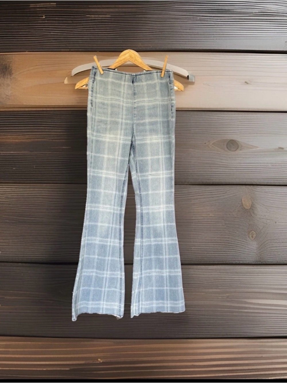 Vintage No Boundaries Sz1 Blue Plaid Light Wash Denim Bell Bottom Jeans High Wa